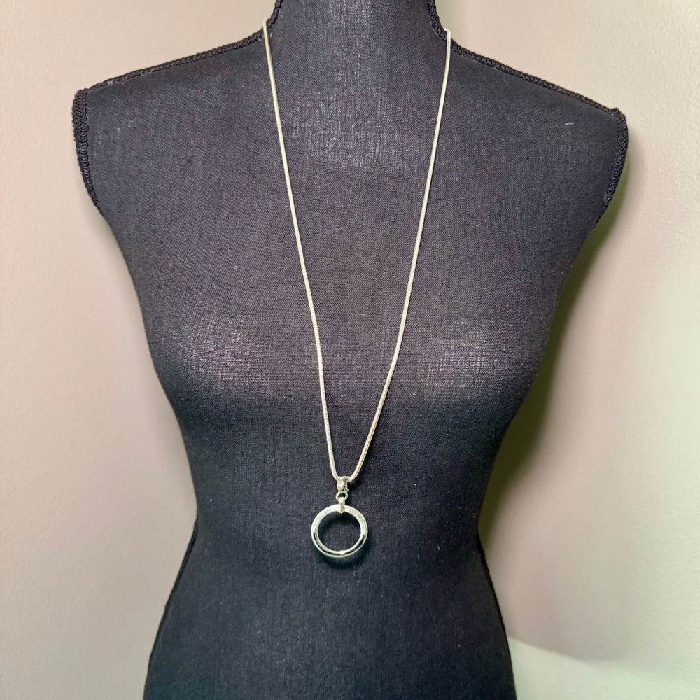 Givenchy Silver Tone Snake Chain Necklace Hinged Ring Pendant Logo Engraved Long